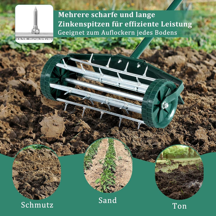 FANTASK Rasenlüfter Walze mit Stiel, Grün Handvertikutierer rollend, Rasenrolle mit 3cm Nägeln & Spr