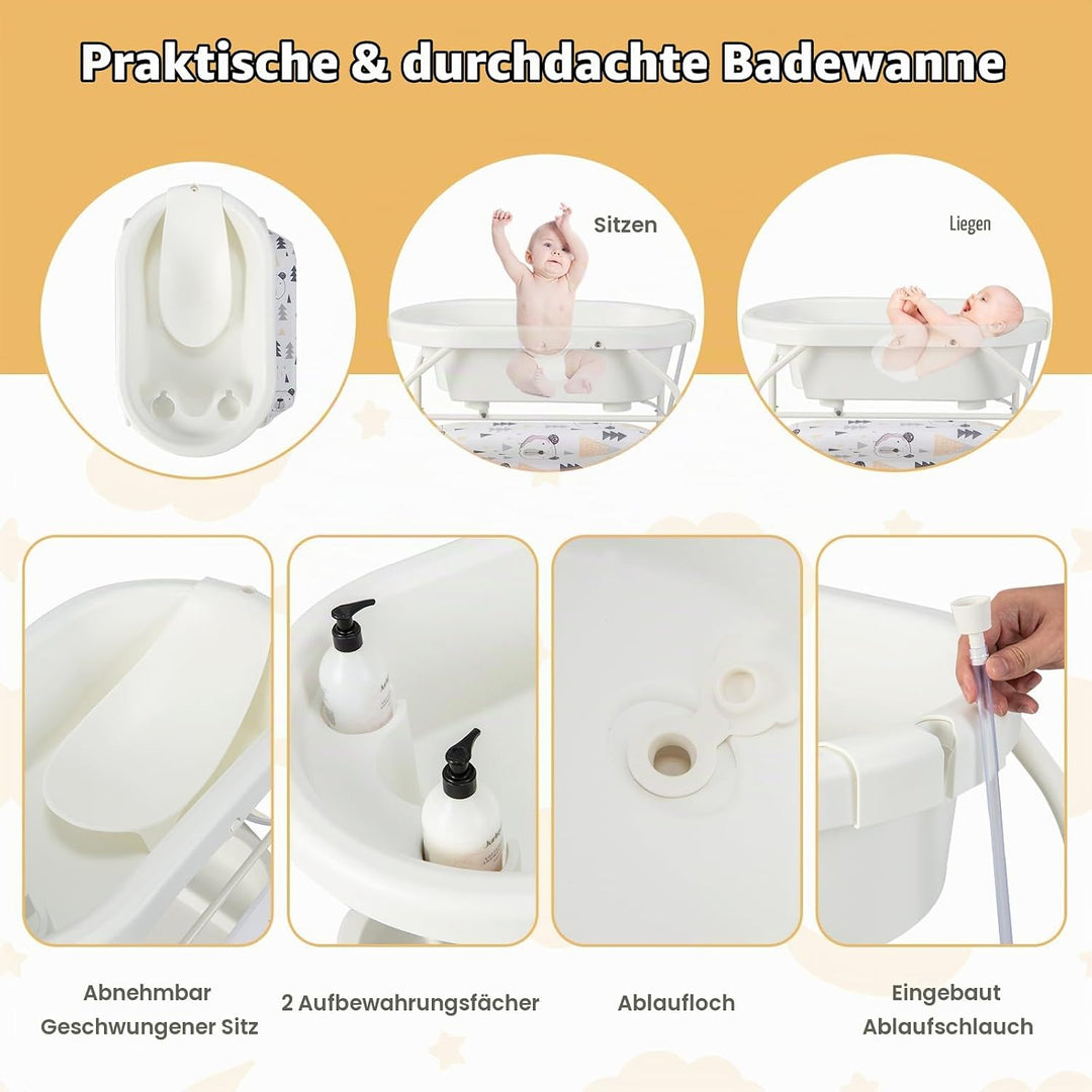 FANTASK 4 in 1 Wickeltisch mit Badewanne, mobile Babybadewanne mit Universalrädern, tragbare Wickelk