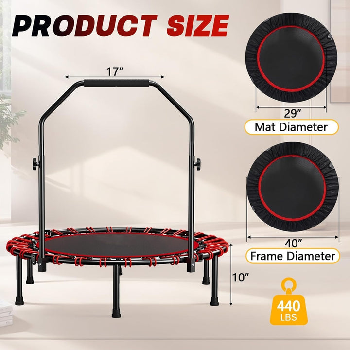 Fitness-Trampolin 102 cm für Erwachsene mit Haltestange, 3-Fach höhenverstellbar, leise Bungee-Seile