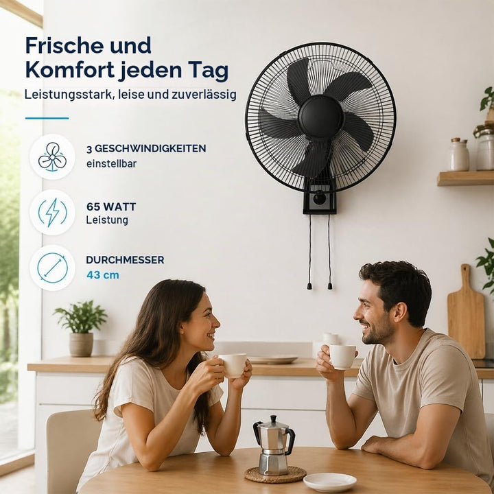 BAKAJI Wandventilator mit Gitter von 43 cm, 3 wählbare Geschwindigkeitsstufen, 5 Flügel, 65 Watt Lei