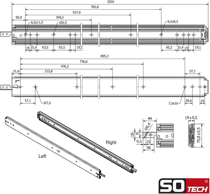 1 Paar SOTECH Schwerlastauszüge VarioSlide KV2-200-H76-L1000-EH 1016 mm mit Lock-in/out Einrastfunkt