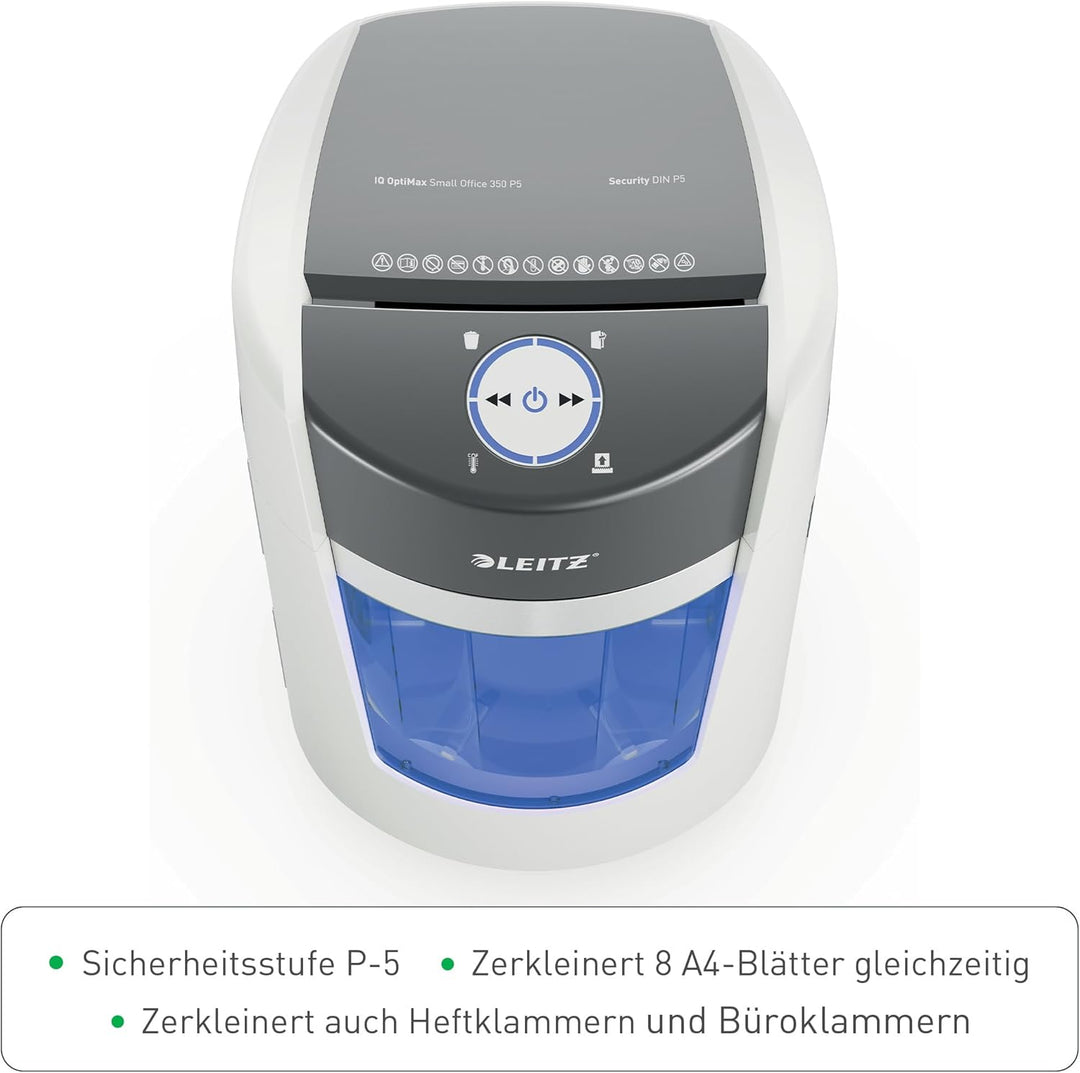 Leitz IQ Optimax Small Office 350 P5 Aktenvernichter, Mikroschnitt, Bis 8 Blatt 80 g/m², 33 Prozent