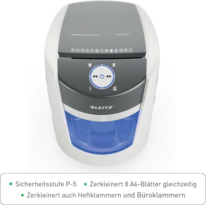 Leitz IQ Optimax Small Office 350 P5 Aktenvernichter, Mikroschnitt, Bis 8 Blatt 80 g/m², 33 Prozent