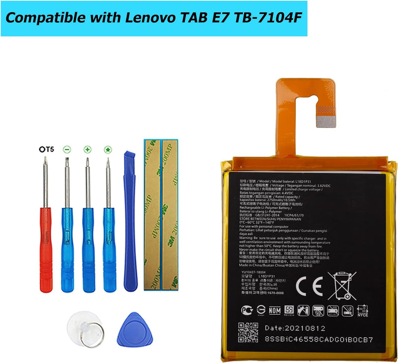 Vvsialeek L18D1P31 Akku Kompatibel Für Lenovo TAB E7 TB-7104F with Toolkit