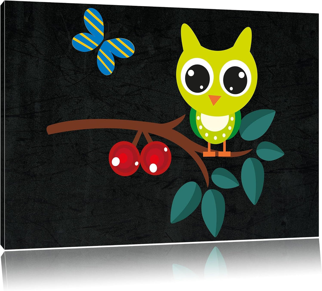 Pixxprint Eule auf AST mit Schmetterling / 100x70cm Leinwandbild bespannt auf Holzrahmen/Wandbild Ku