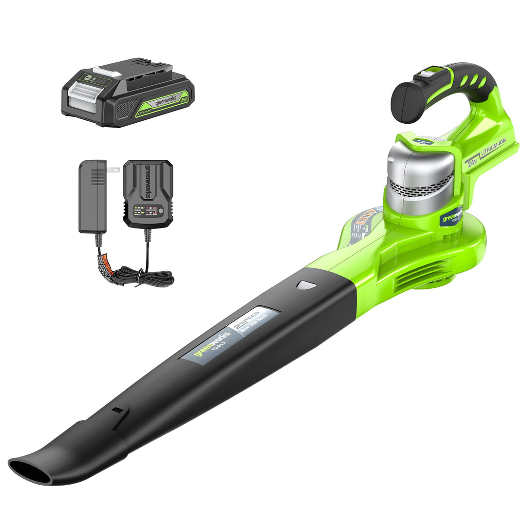 Greenworks 24V Akku-Laubbläser mit 2Ah Akku und Ladegerät, 140/200 km/h Zwei Geschwindigkeiten Akku-