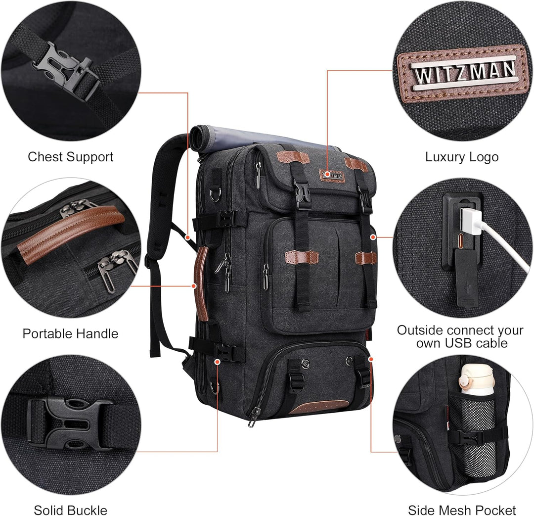 WITZMAN Reiserucksack Herren Gross 40L Canvas Vintage 3 in 1 Rucksack Fit 16 Zoll Laptop Rucksack fü
