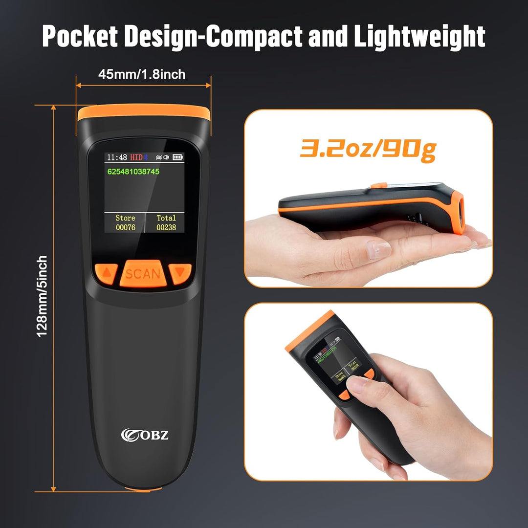 OBZ Barcode Scanner Kabellos mit Display, 1D 2D QR Code Scanner Bluetooth/USB/2.4G Wireless, Tragbar