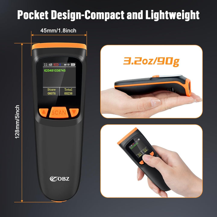 OBZ Barcode Scanner Kabellos mit Display, 1D 2D QR Code Scanner Bluetooth/USB/2.4G Wireless, Tragbar