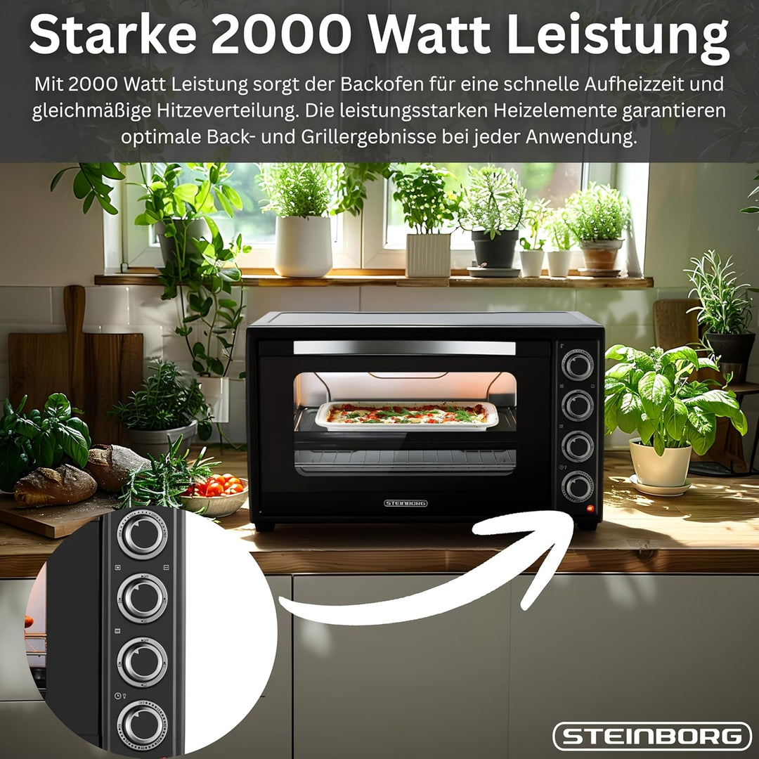 Steinborg® Mini Backofen 60 Liter mit Umluft & Drehspiess, 2000W Tischbackofen gross XXL, 100–230°C,