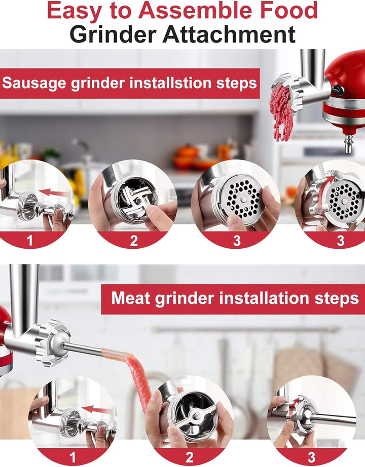 Fleischwolf Aufsatz für KitchenAid Standmixer, Edelstahl Fleischwolf Aufsatz Enthält 3 Wurstfüller,