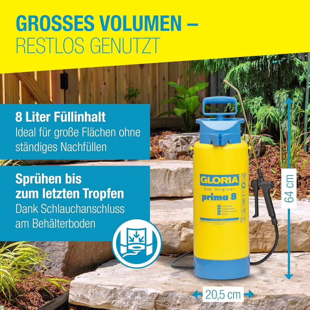 GLORIA Drucksprüher prima 8 | 8 L Gartenspritze, Unkrautspritze|Mit Messinglanze + verstellbare Mess