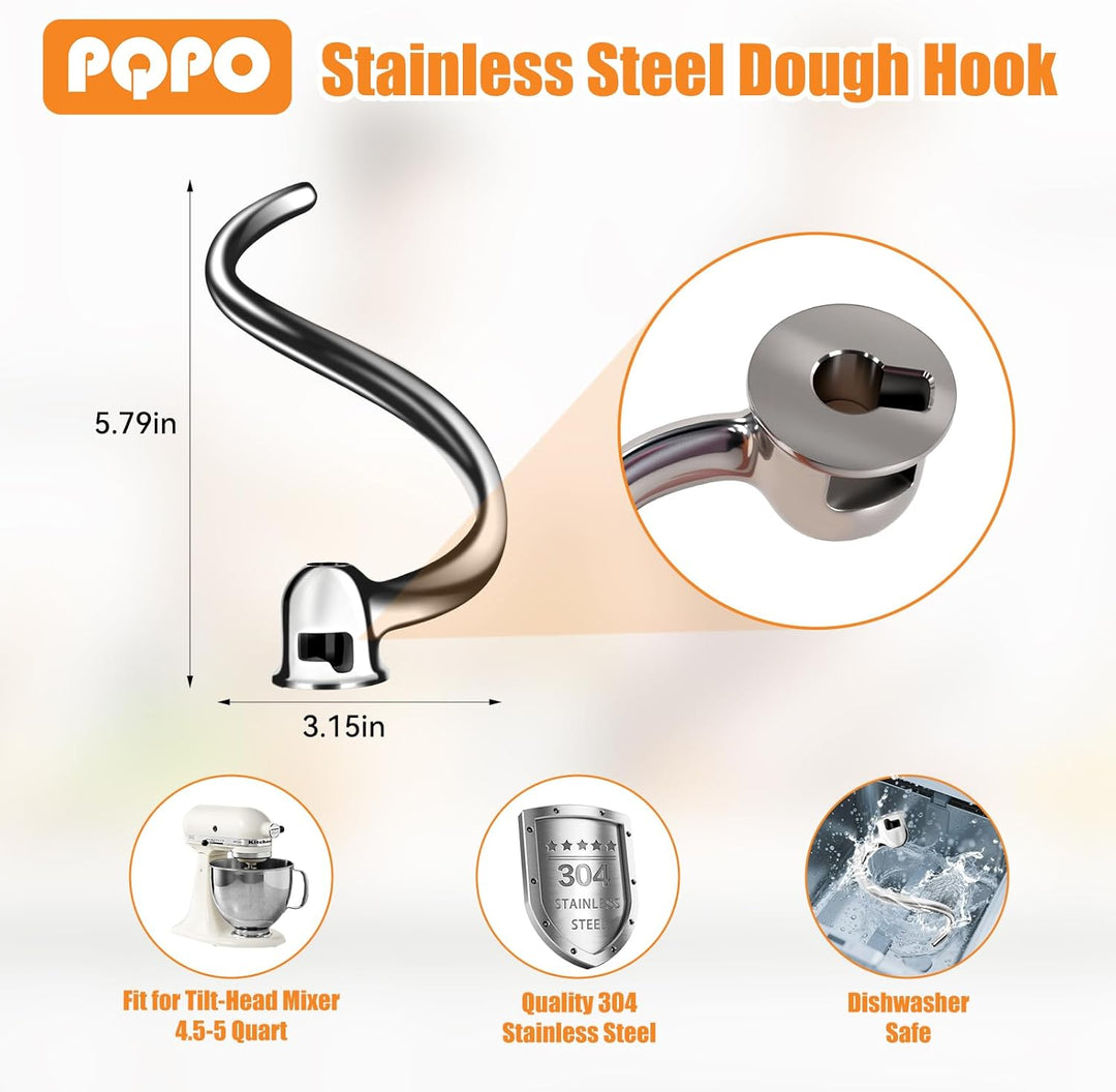 Spiralförmiger Knethaken aus Edelstahl, Kompatibel mit Kitchen Aid 4,5-5 Quart Standmixern mit Kippk
