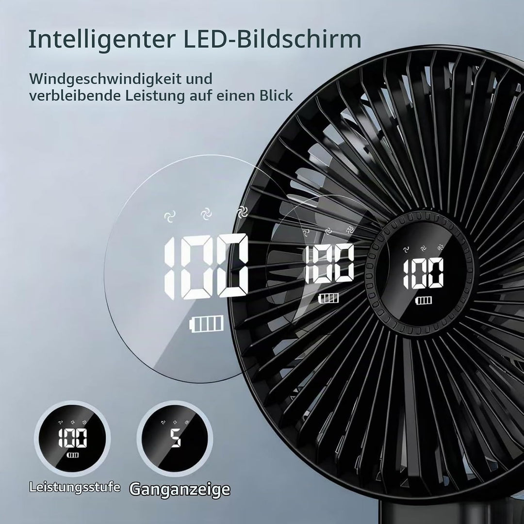 VanSmaGo Handventilator Akku Aufladbar, 5 Stufen USB Fan (Full Black) | Tisch/Hand/Reise, 8,5 Std. A