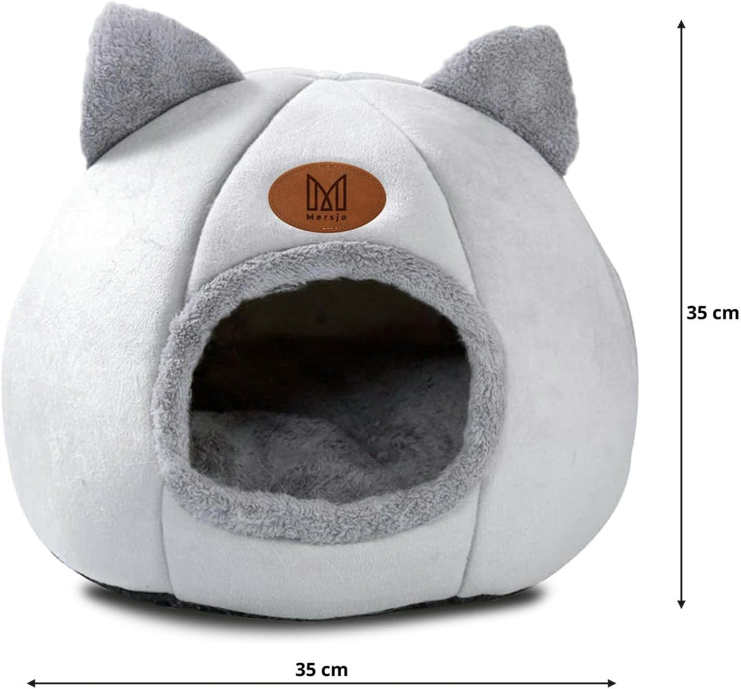 Katzenhöhle mit Ohren, Plüsch-Katzenbett, Grau-Weiss, rutschfeste Unterseite, Grau-weiß