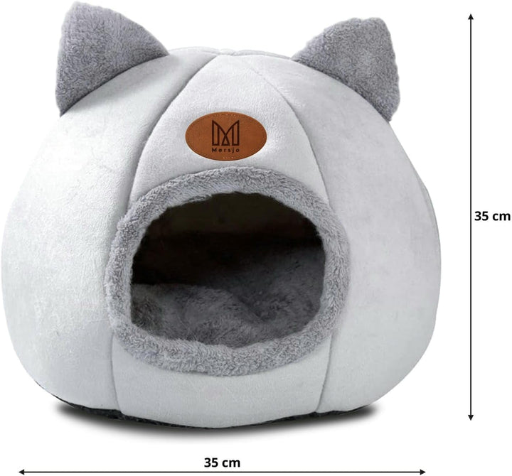 Katzenhöhle mit Ohren, Plüsch-Katzenbett, Grau-Weiss, rutschfeste Unterseite, Grau-weiß