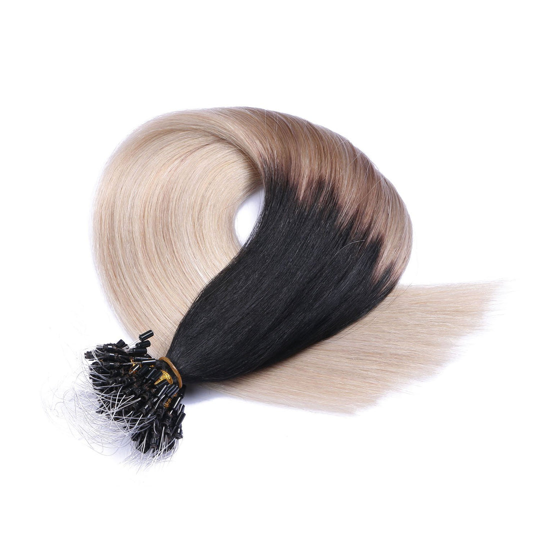 Micro-Ring/Loop Hair Extensions (#1B/GREY OMBRE - 60 cm - 50 Strähnen - 0,5g) 100% Remy Echthaar Haa