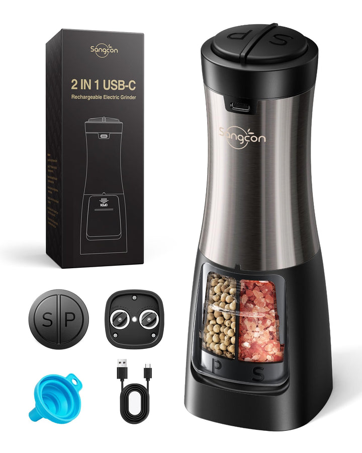 Sangcon 2 in 1 Salz und Pfeffermühle Elektrisch, Pfeffermühle USB-Aufladbarer，Automatische Einhandbe