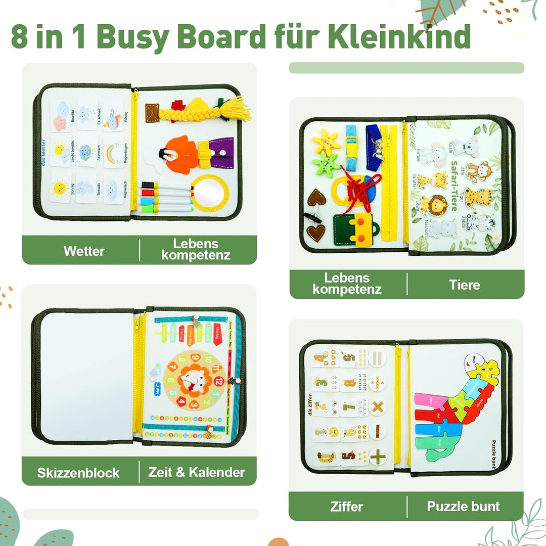 Almaxi Busy Board Deutsch Montessori Spielzeug ab 3 Jahre, 8 in 1 Montessori Spielzeug Activity Boar