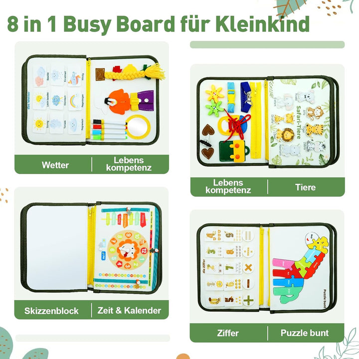 Almaxi Busy Board Deutsch Montessori Spielzeug ab 3 Jahre, 8 in 1 Montessori Spielzeug Activity Boar