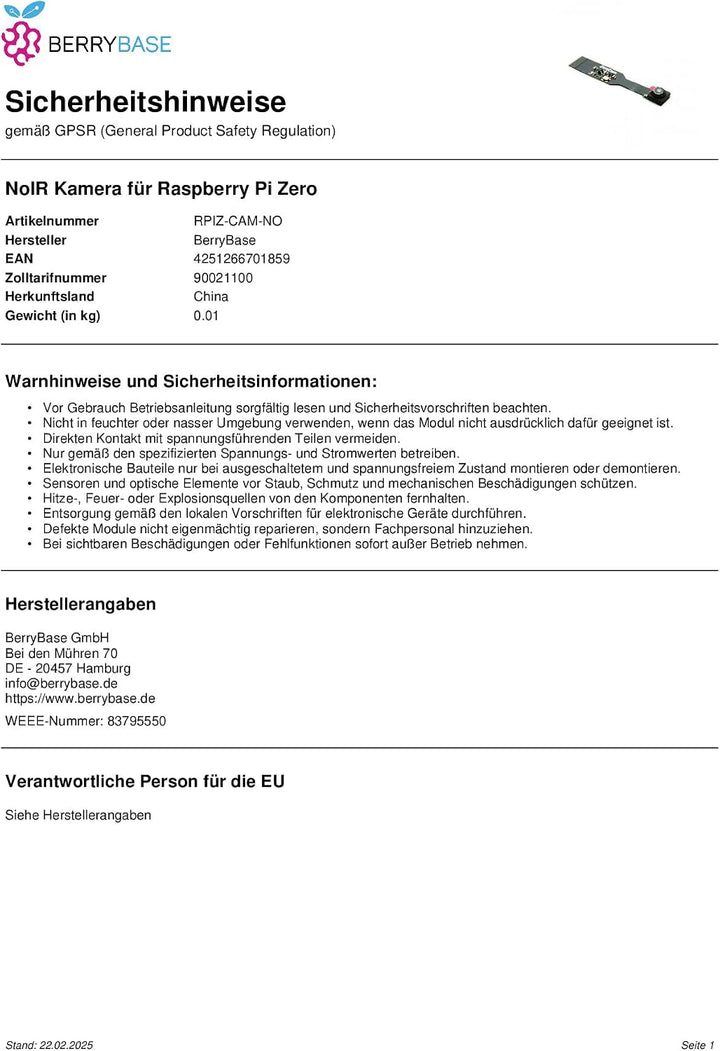 BerryBase Noir Kamera für Raspberry Pi Zero