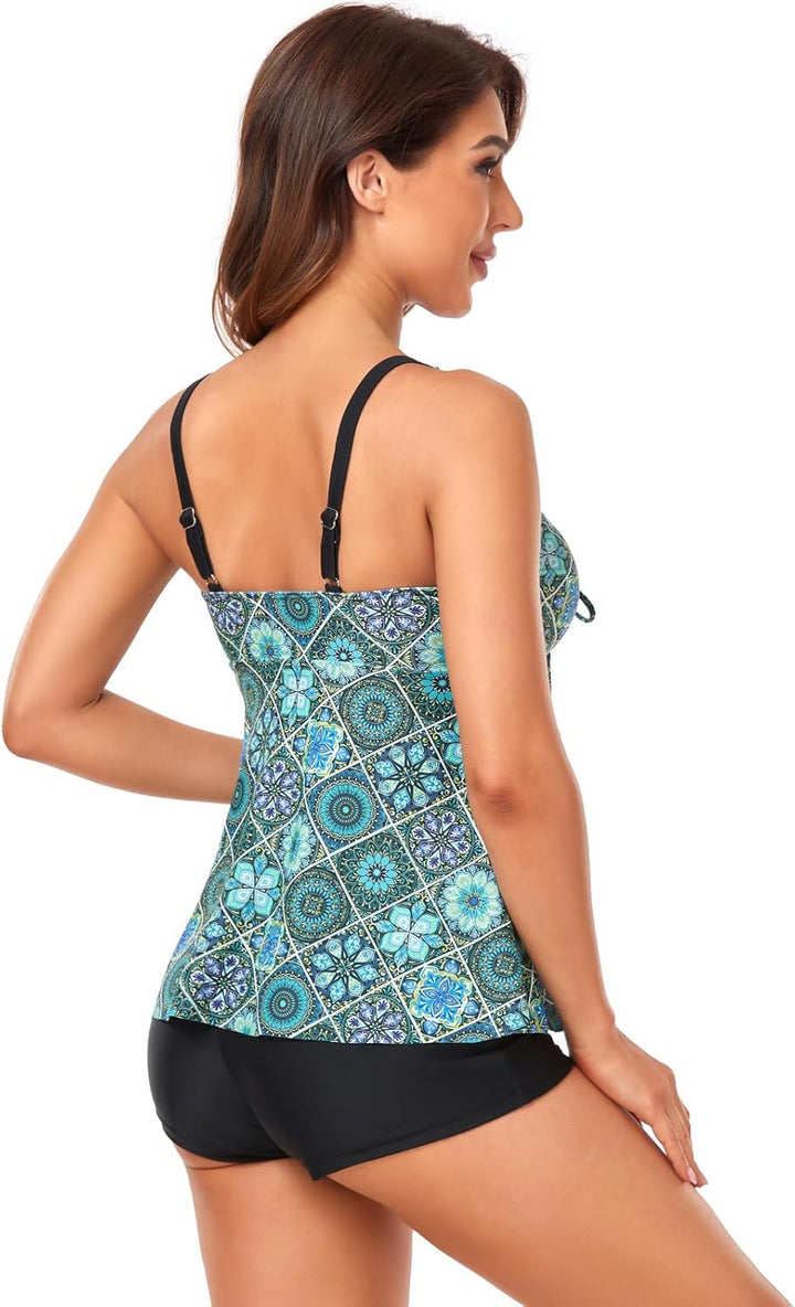 OAMENXI Damen zweiteilig Badeanzug Push up Bademoden Tankini Set mit Hot Pants Drucken Badeanzüge Bi