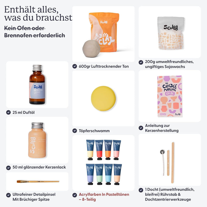 Sculpd Töpferei-Kit zur Kerzenherstellung für Erwachsene mit lufttrocknendem Ton und Acrylfarben-Set