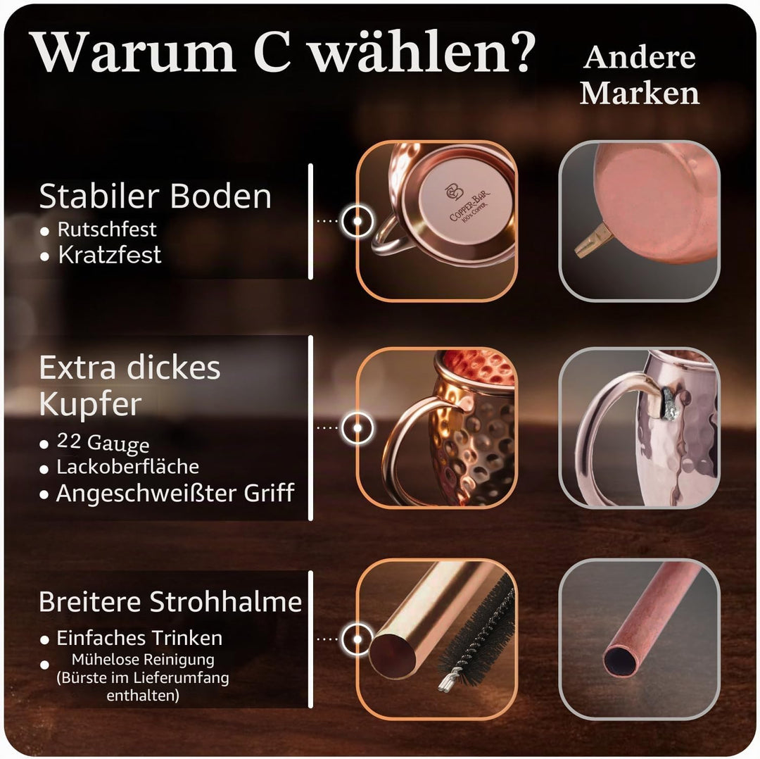 Copper-Bar Moscow Mule Kupferbecher – Set von 4 – 100 % handgefertigten, reinen massiven Kupferbeche