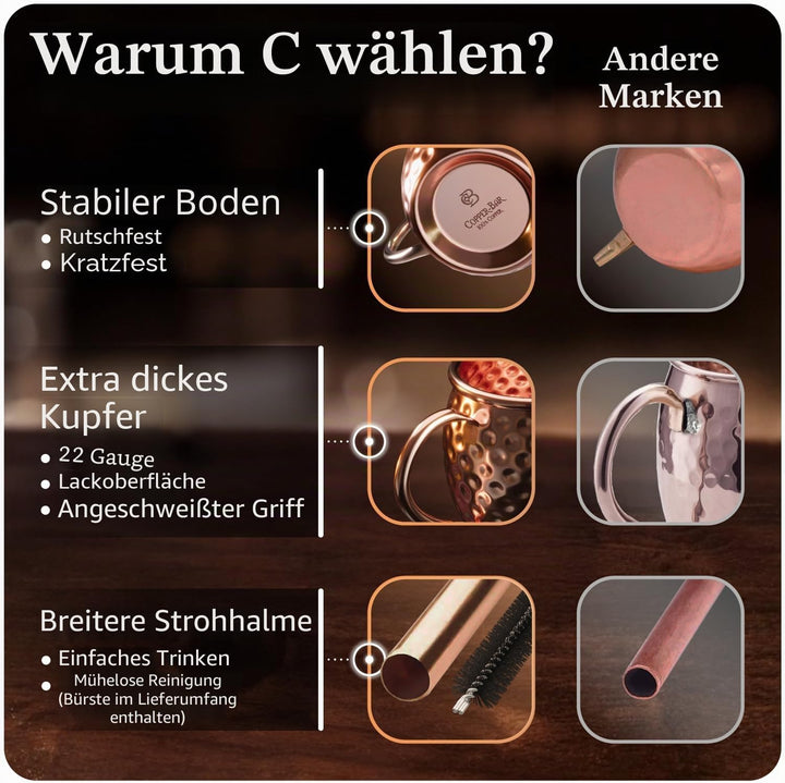 Copper-Bar Moscow Mule Kupferbecher – Set von 4 – 100 % handgefertigten, reinen massiven Kupferbeche