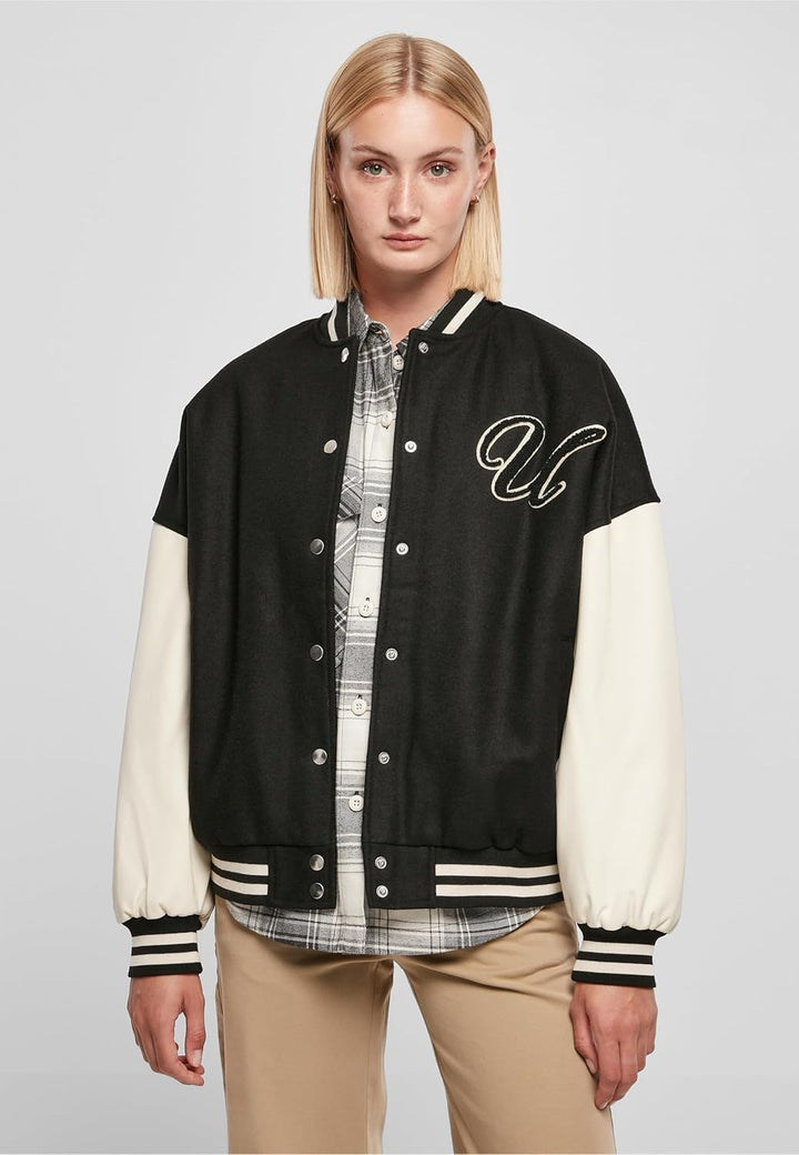 Urban Classics Damen Ladies Oversized Big U College Jacket Jacke S Black/Palewhite, S Black/Palewhit