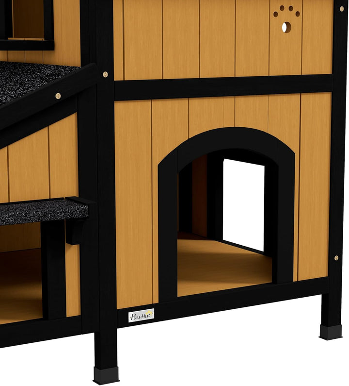 PawHut Katzenhaus, Tannenholz, Katzenhütte mit mehreren Eingängen, 2 Etagen, Katzenhöhle für drausse