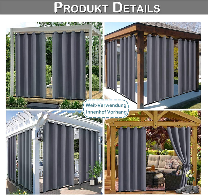 Rosnek 2 Stück Outdoor Vorhang Wetterfest Unten Gewichtet, Outdoorvorhänge mit Ösen 274x132cm Outdoo