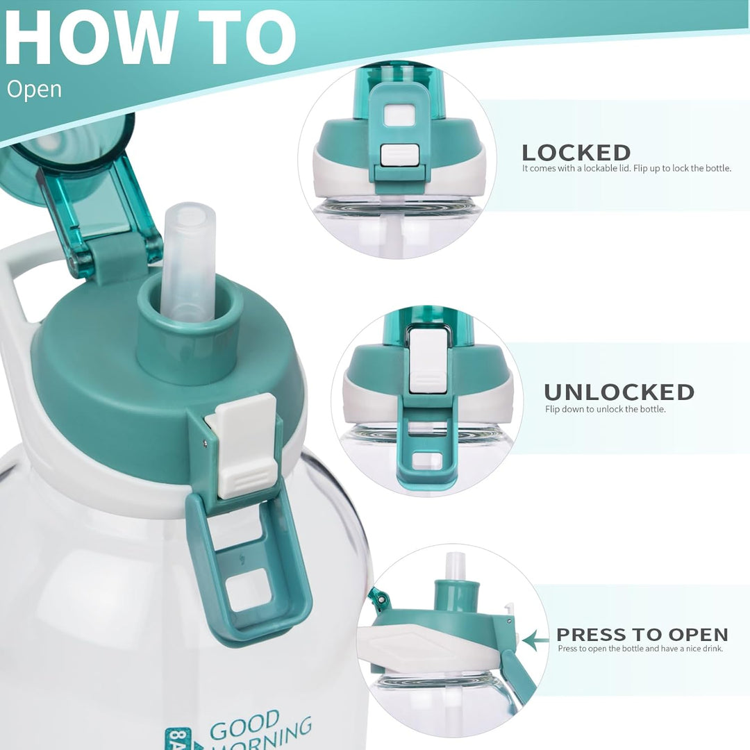 Seekua 1.5 liter Sport Trinkflasche Glas Flasche mit Strohhalm & Zeitmarkierung auslaufsicher bpa fr