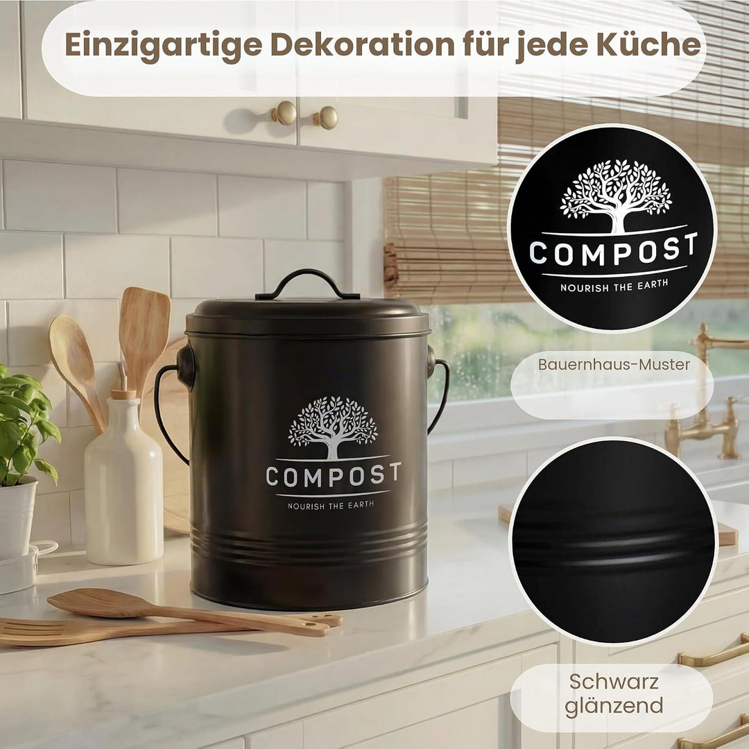 Perfnique Komposteimer für Küche, inkl. Deckel, Inneneimer und Kohlefilter, kleiner Schwarz-Beutel-V