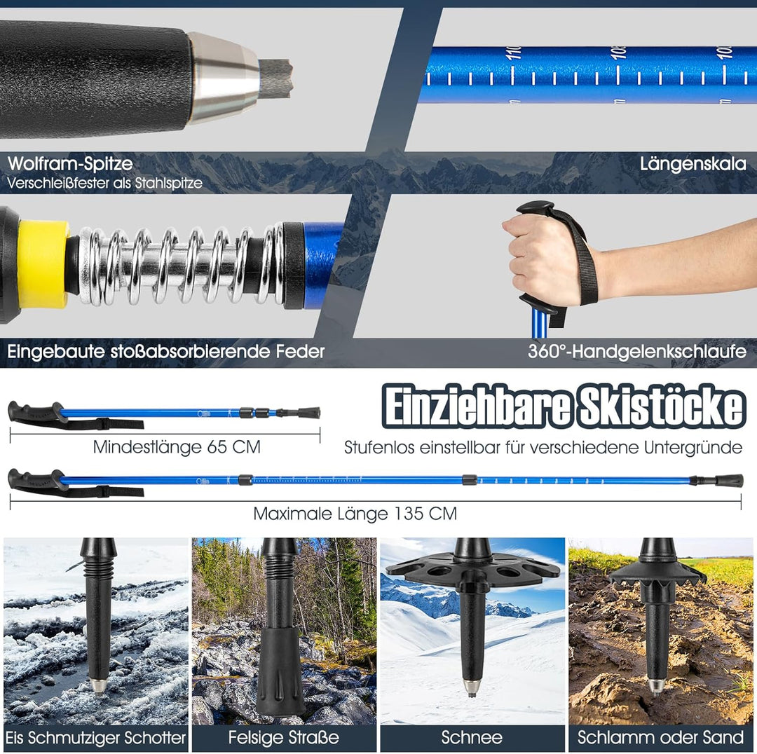 COSTWAY 4-in-1 Schneeschuhe-Set, Schuhgrösse 38-45, Schneeschuhe mit Doppel-Ratschenbindungssystem,