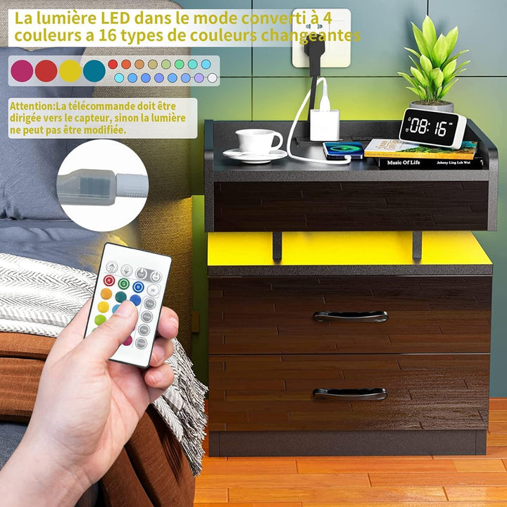 PIPIPOXER Nachttisch Schwarz mit Steckdose, Nachtschrank Hochglanz Nachtkommode 2 Schubladen mit Led