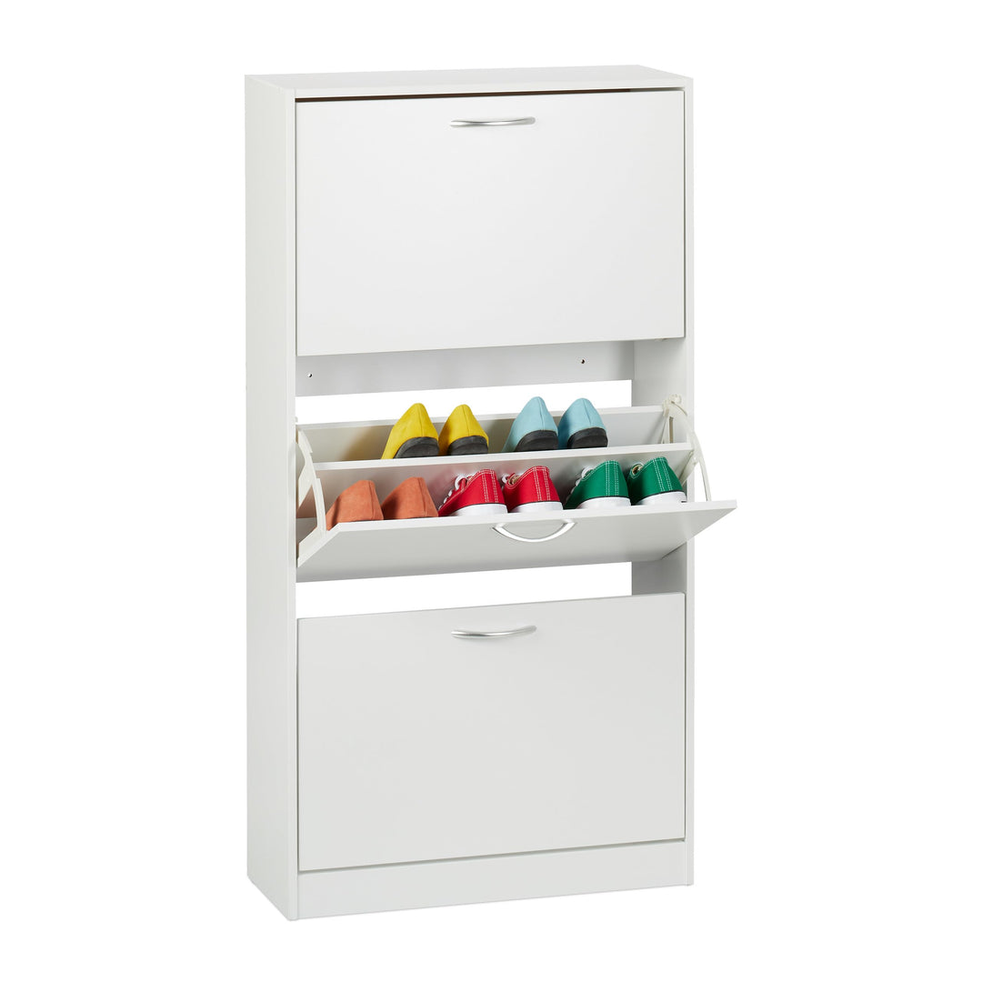Relaxdays Schuhschrank, HxBxT: 116 x 60 x 24 cm, für 18 Paar, 3 Klappen, schmaler Schuhkipper, Flur