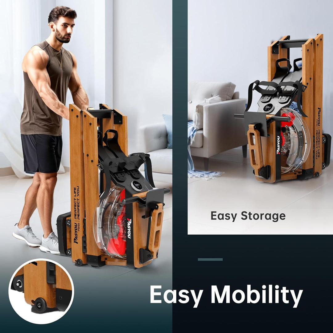 PASYOU Rudergerät für Zuhause aus Eiche, Wasserrudergerät klappbar mit Bluetooth Display &30 Tage ko