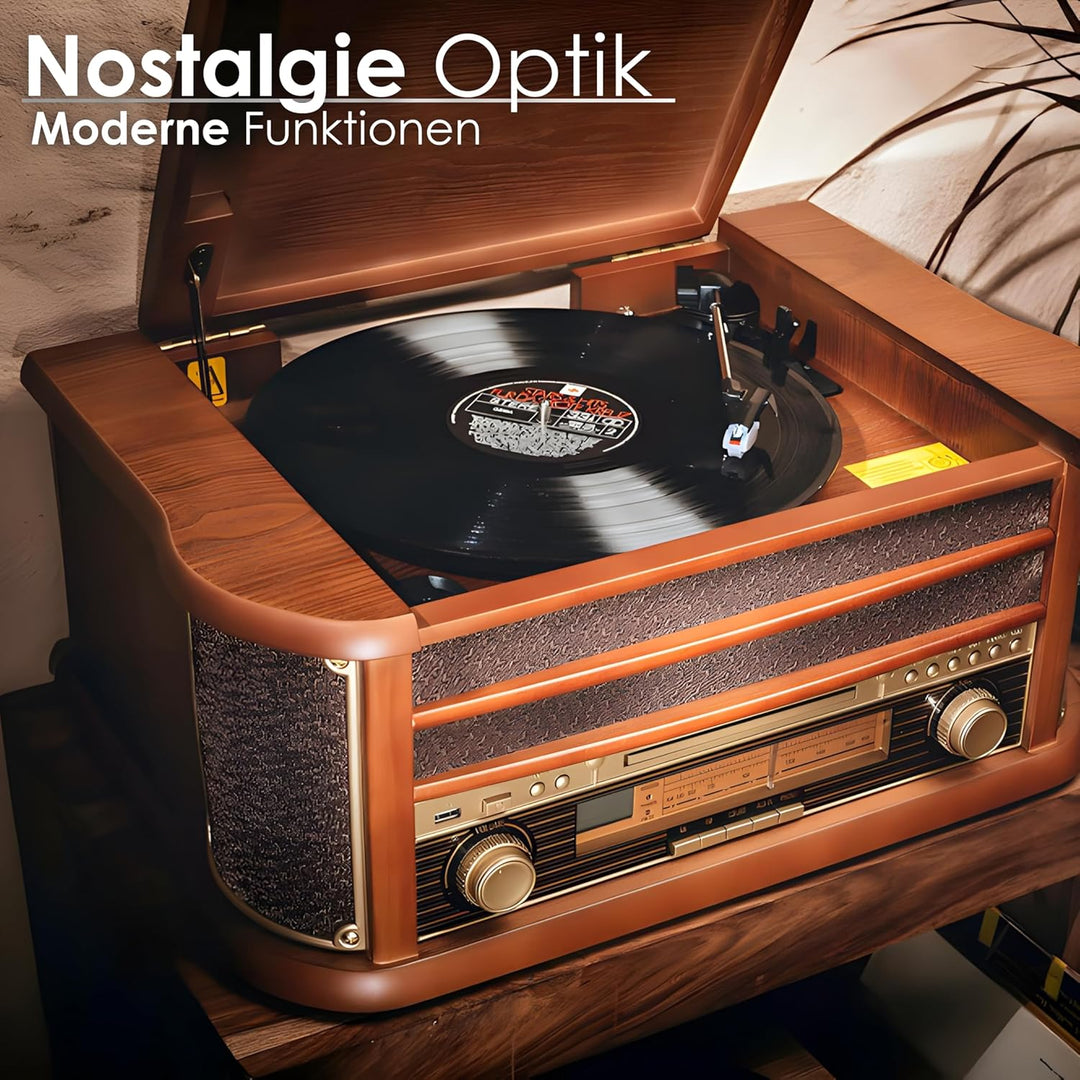 Nostalgie Holz Musikanlage | Kompaktanlage | Plattenspieler | Bluetooth | Retro Stereoanlage | CD MP