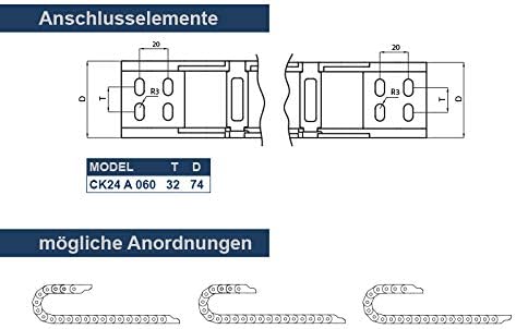Energiekette CK 24, 60mm breit, Länge 1000mm/736mm (17 Glieder + Anschlusselemente)