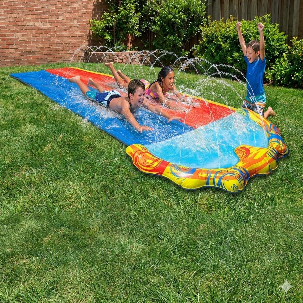 BANZAI Splash Sprint Racing Slide – XXL Doppel-Wasserrutsche (4,88 m) – 2 Bahnen für Kopf-an-Kopf-Re