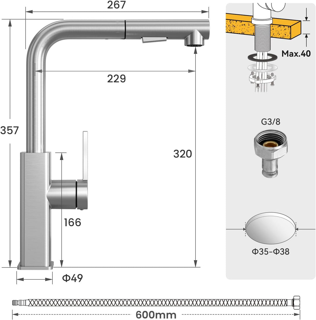 CECIPA Küchenarmatur Ausziehbar, Spültischarmatur mit Brause, Wasserhahn Küche Ausziehbar 2 Wasserst