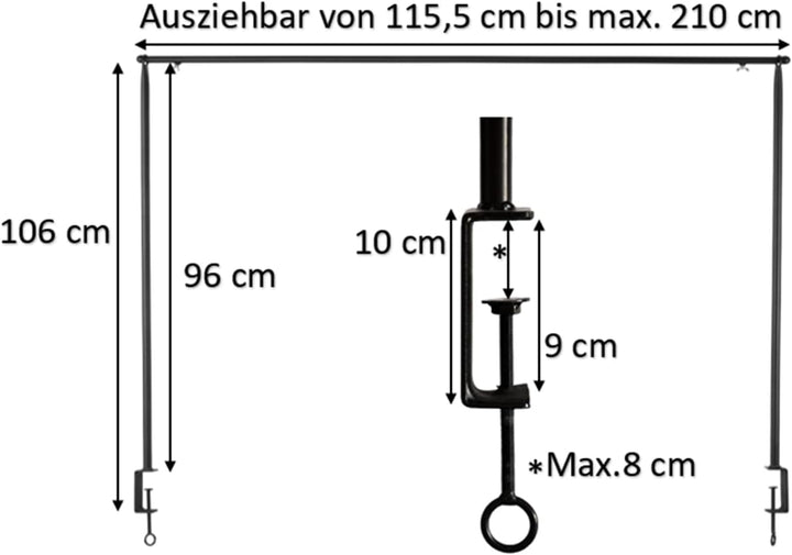 Tisch Deko Stange Klemme Gestell Deko Metall schwarz ausziehbar Tafel 117-211 cm