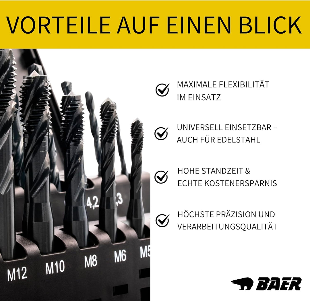 BAER Gewindeschneider Set M3 - M12 TriTap HSSE-VAP: Gewindebohrer Set Sackloch - Kernlochbohrer - Ge
