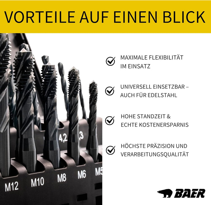 BAER Gewindeschneider Set M3 - M12 TriTap HSSE-VAP: Gewindebohrer Set Sackloch - Kernlochbohrer - Ge