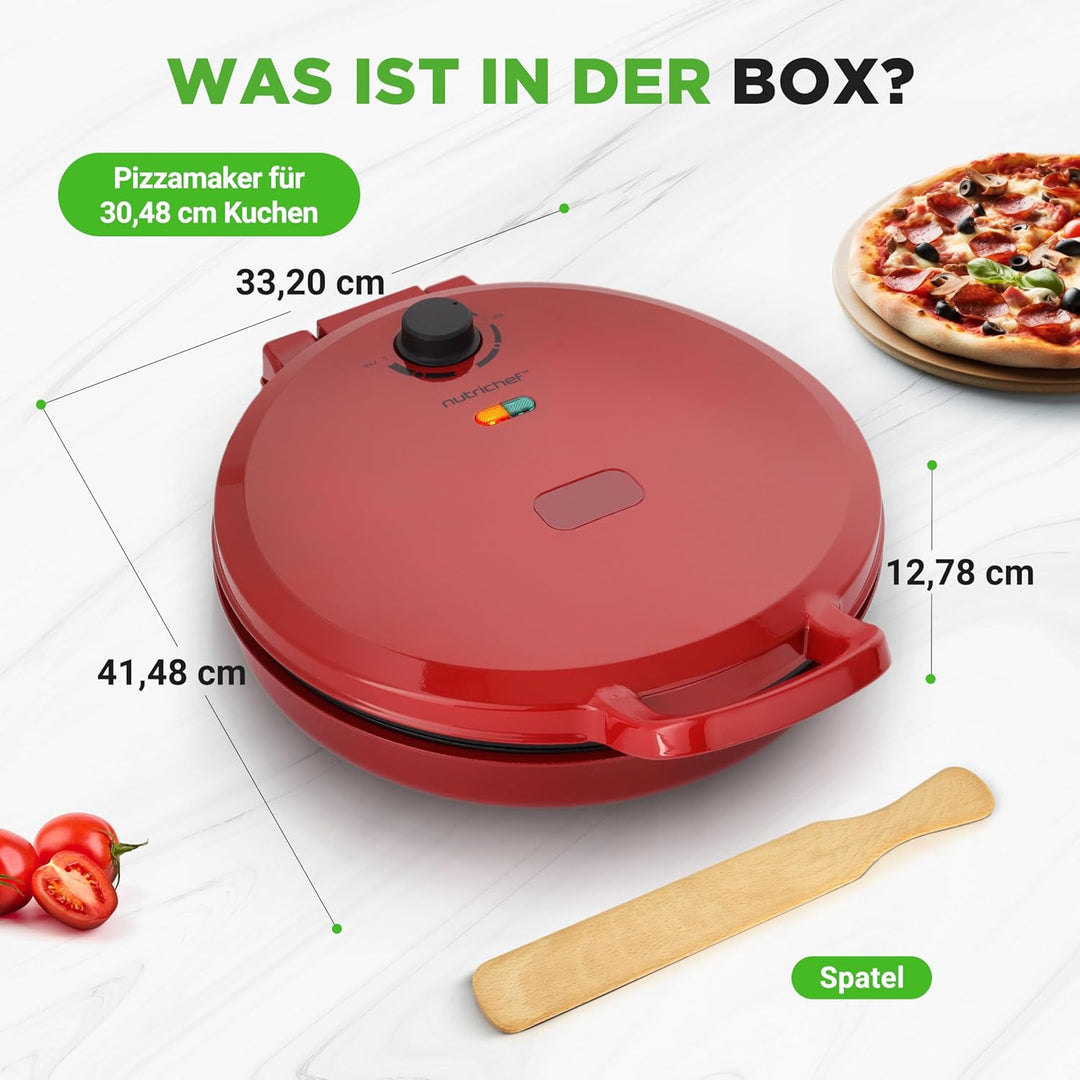 NutriChef Elektrischer Pizzaofen Rot – 1500W Kompaktgerät für 30cm Pizza Antihaftplatte für Pizza, T