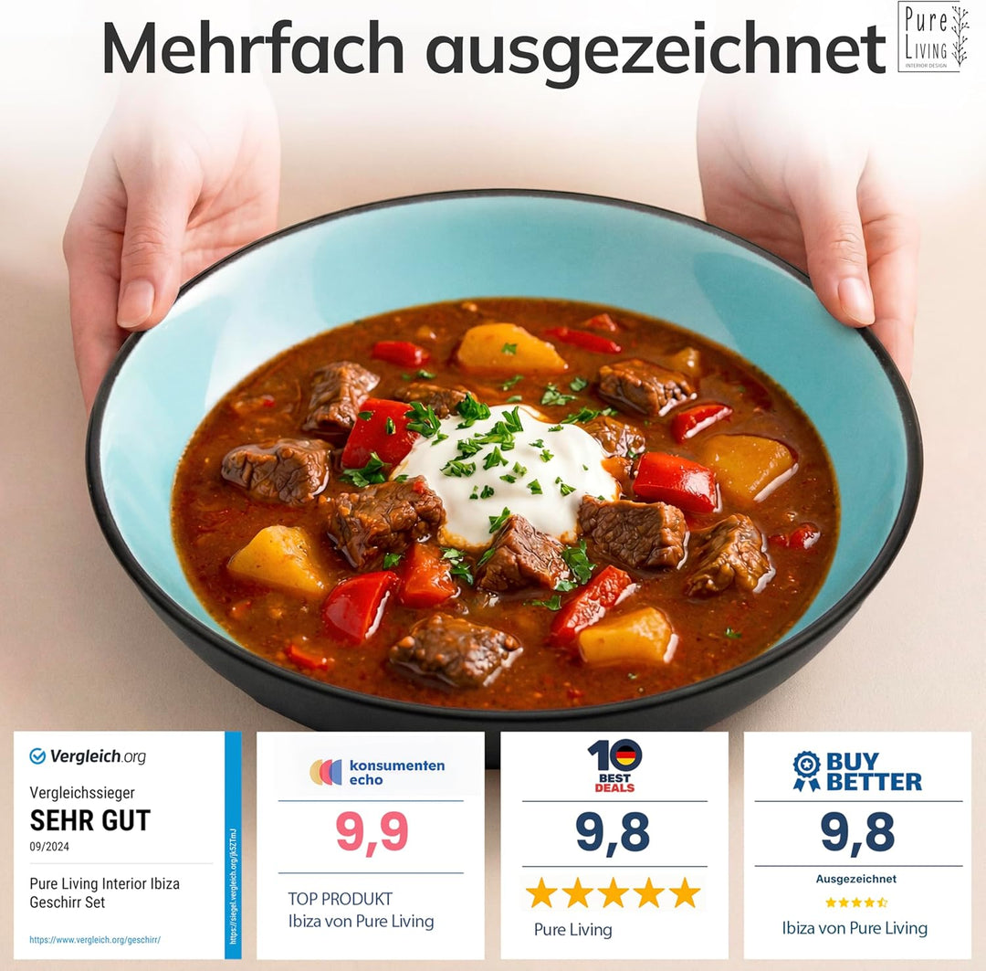 Steingut Suppenteller 6 Pers. Ibiza Hochwertiges Mediterranes TEST SEHR GUT Steingut Tiefe Teller Se