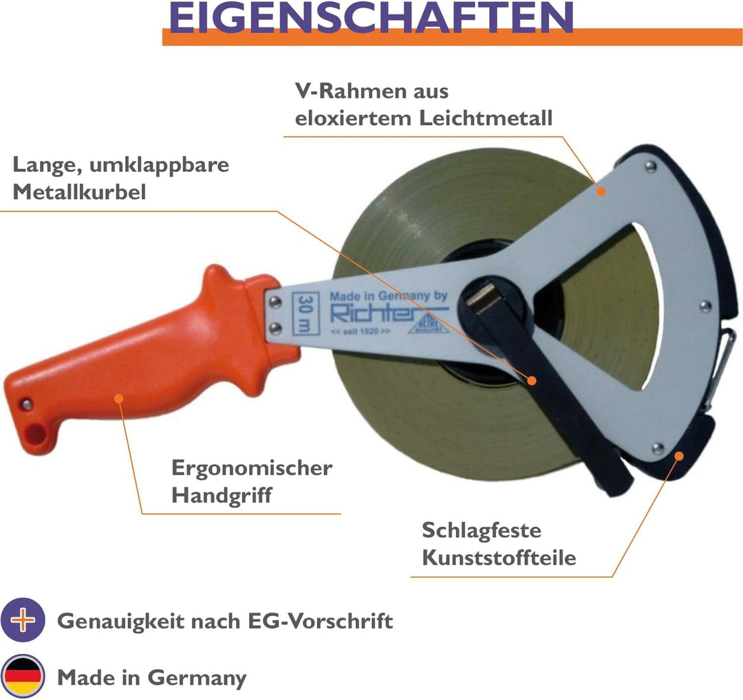RICHTER Rahmen Stahlmassband Metri Anfang B Genauigkeit II, 30 m, weisslackiert, 414W-V/30M Länge: 3