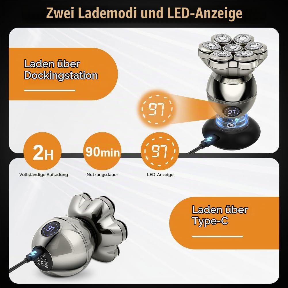 LOPHE Glatzen Rasierer Herren, 5 in 1 Kopfrasierer IPX7 Wasserdichter, Glatze Kopf Rasierer mit 7D M