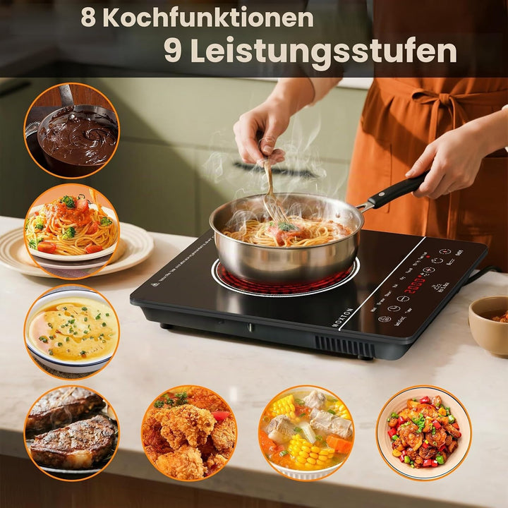 NOXTON Induktionskochfeld 60 cm mit Weisse Gläser und blaues Bedienfeld, Induktionsfeld Flexzonen 3